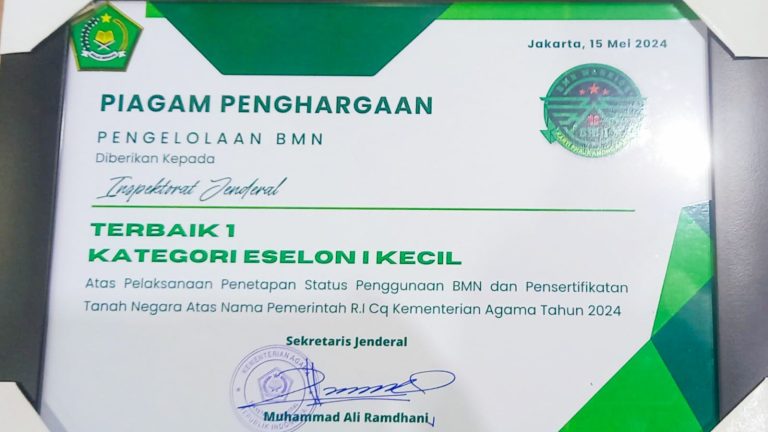Prestasi Itjen Kementerian Agama dalam Manajemen BMN: Raih Peringkat Terbaik I Kategori Eselon I Kecil Tahun 2024